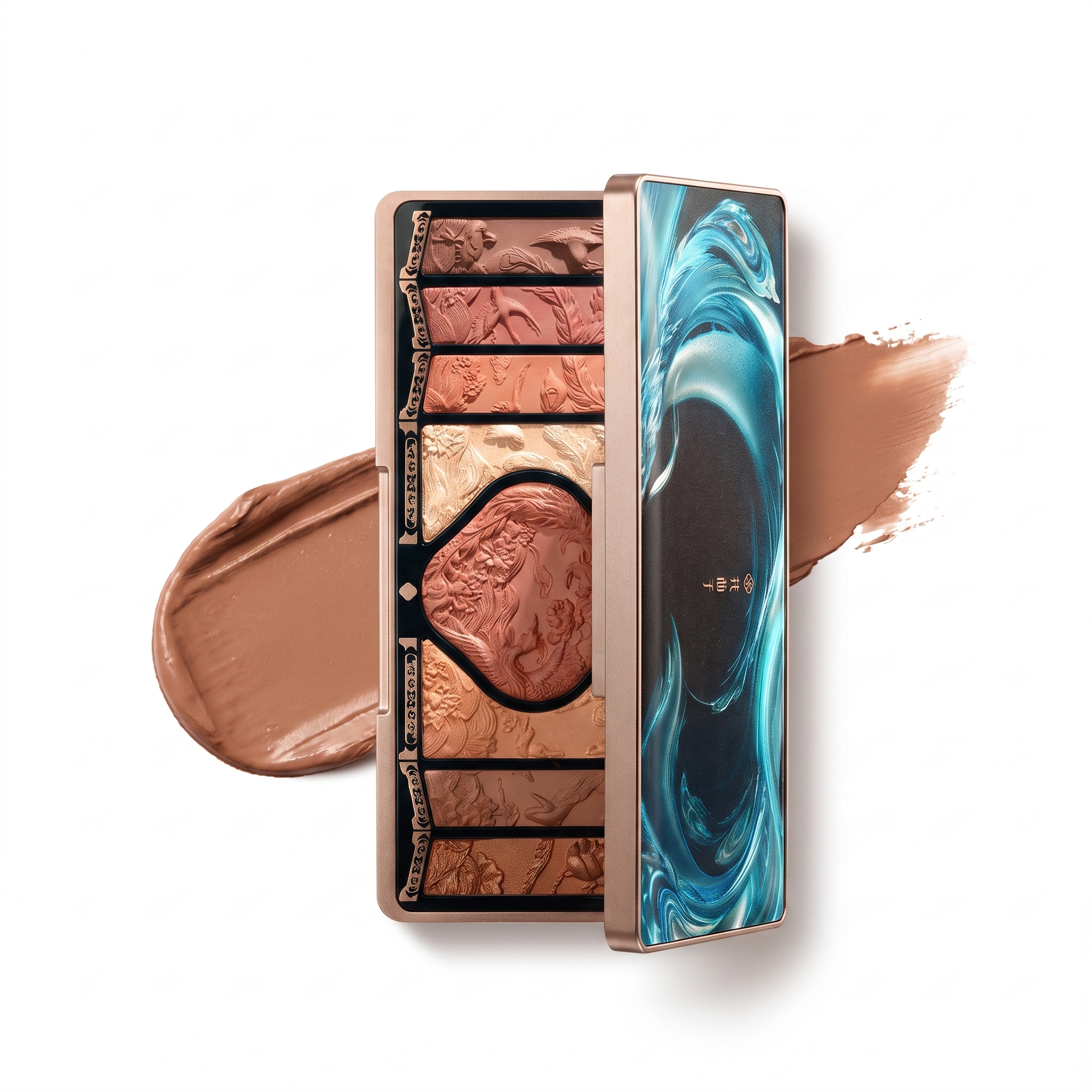 Florasis "Hundred Birds Paying Homage to the Phoenix" Relief Makeup Palette – a multi-functional palette featuring highlighter, matte blush, contour, and eyeshadow with a finely milled texture.