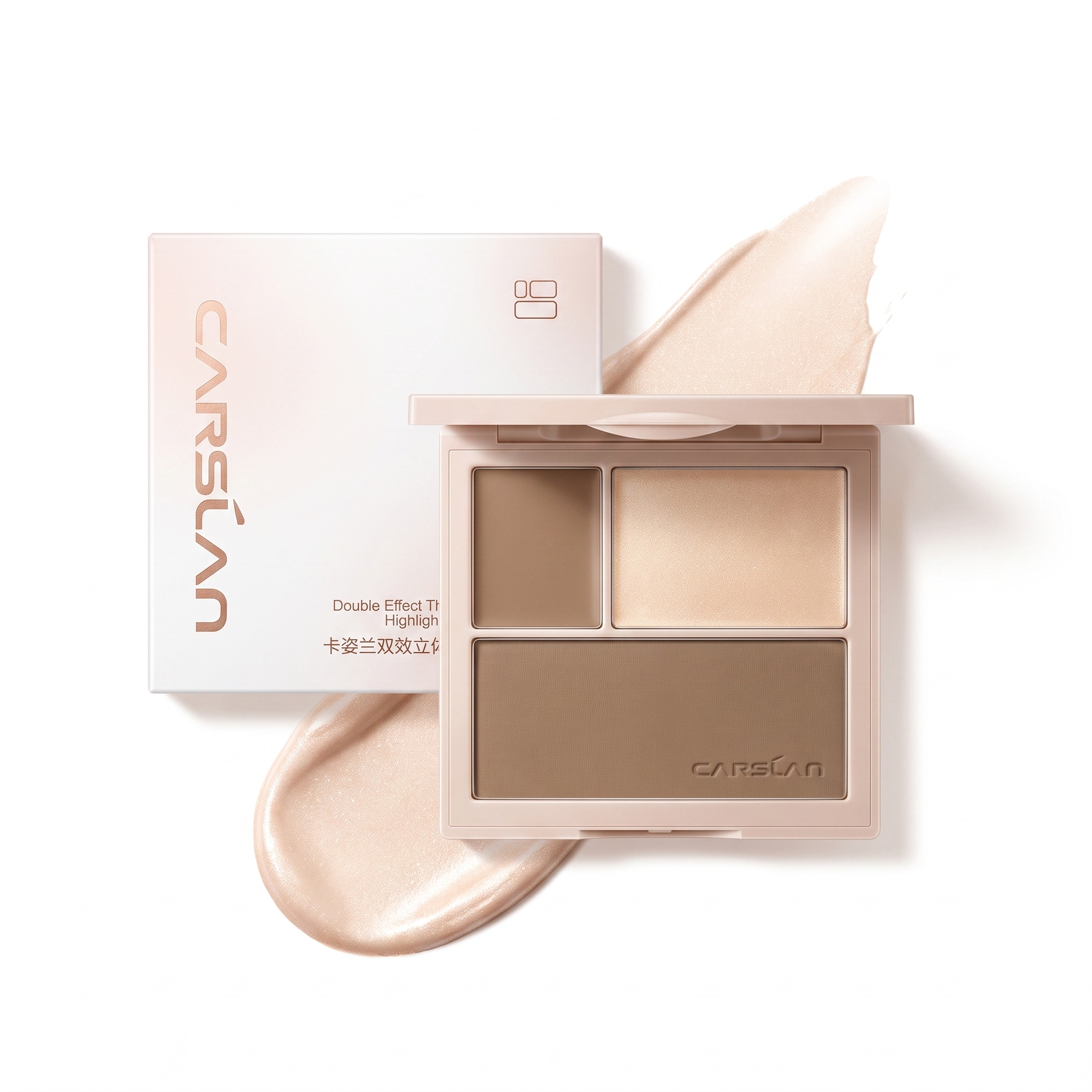 Carslan 3-in-1 Highlighting & Contouring Palette: Matte highlighter for brightening, contour shade for defining features, and nose shading for added dimension.