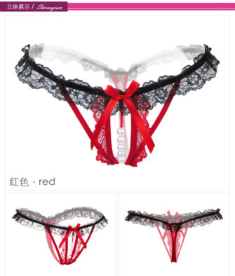 Seductive sheer lace thong for women—long-night style, cutout design, and pearl-accented open-crotch detail.