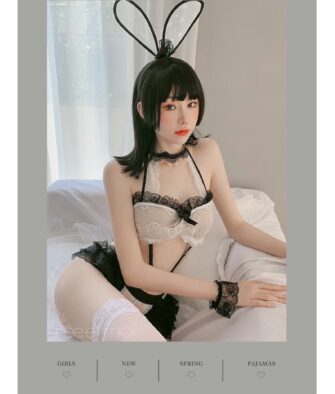 Feimu Cute Bunny Girl Lingerie Set – Lace Open-Crotch Three-Piece Outfit