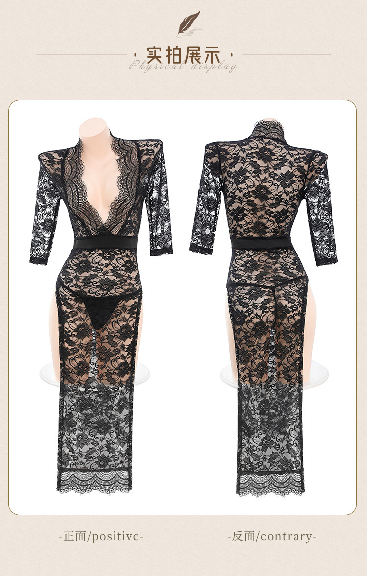 Feimu Plus-Size Sheer Lace Maxi Lingerie Gown – Deep V-Neck, High Slit, and Open-Back Design; Seductive, Alluring, and Easy-Access Style (Model 6363) - 图片 2
