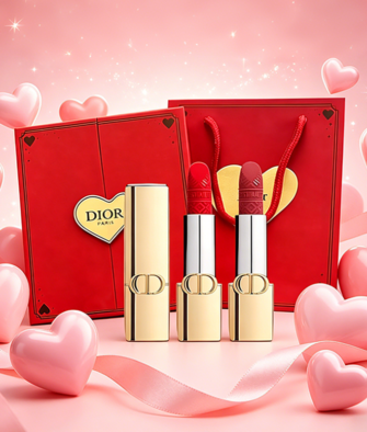[Gift Box & Bag] Dior Gold-Case Lipstick Full-Size (3.5g) Limited Edition Valentine's Day Duo Set (Velvet 999 + Velvet 720)