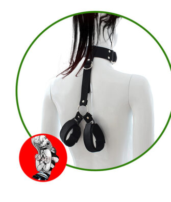 BDSM collar and handcuffs set—connected neck and wrist restraint.