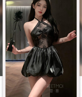 Feimu Gothic "Dark Heiress" Corset-Style Puff-Sleeve Dress – Sexy Lingerie with Sheer Lace Details (ZY22)