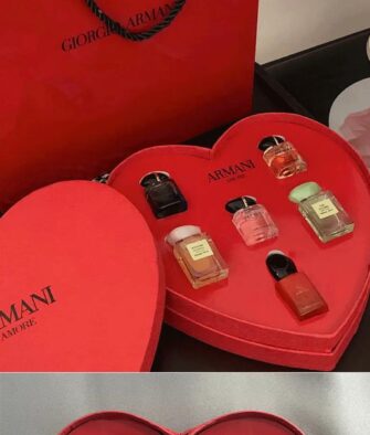 Armani 6-Piece Miniature Fragrance Gift Set (Heart-Shaped Red Box): My Way (7ml), My Way Shimmer Edition (7ml), Pivoine Suzhou (7.5ml), Thé Yulong (7.5ml), My Way Intense (7ml), and Sì Passione (7ml).