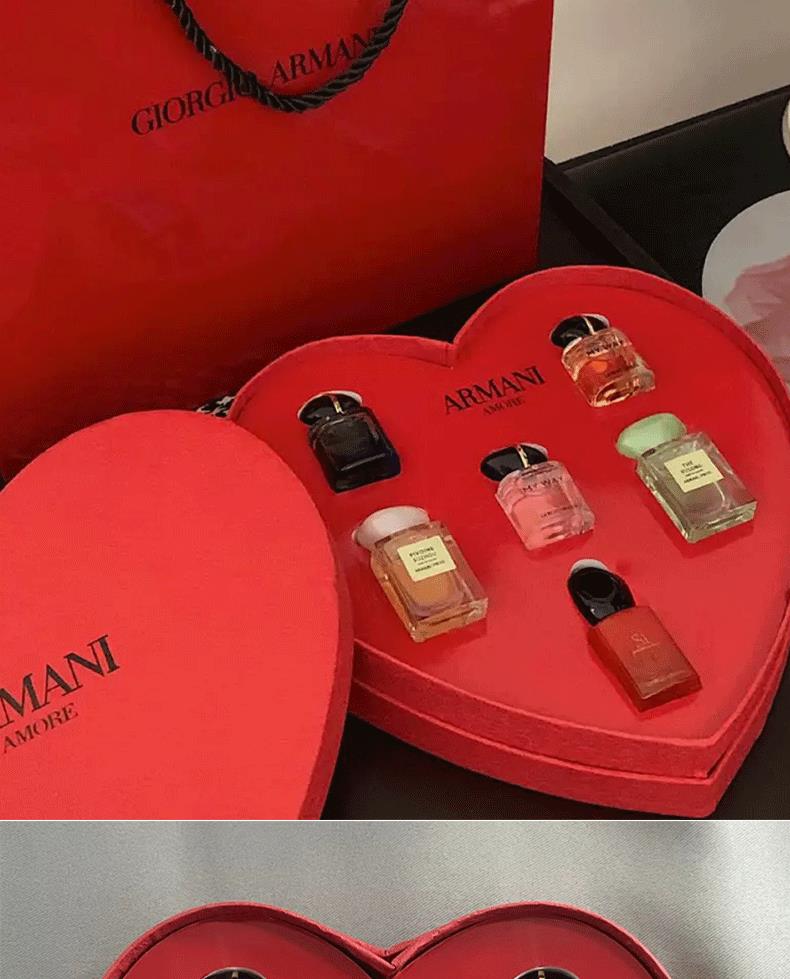 Armani 6-Piece Miniature Fragrance Gift Set (Heart-Shaped Red Box): My Way (7ml), My Way Shimmer Edition (7ml), Pivoine Suzhou (7.5ml), Thé Yulong (7.5ml), My Way Intense (7ml), and Sì Passione (7ml).