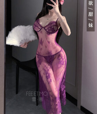 Feimu Seductive "Mature Vixen" Style: Sheer, Lightweight Lace Camisole Maxi Dress – Flirty, Butt-Exposing, No-Undress Design (Model 7868)