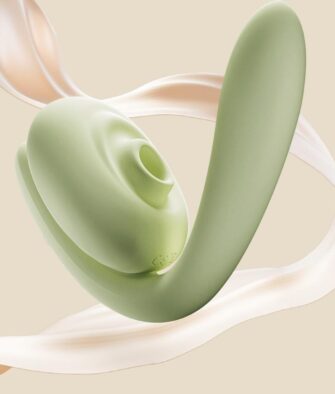Pleasure-enhancing G-spot vibrator with clitoral stimulator; adult toy for female intimate massage.