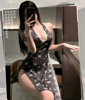 Feimu Printed Lingerie Nightdress – High Slit, Open-Back, Bow-Tie Detail (Style 6113) – Sexy & Innocent Allure
