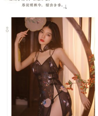 Feimu Floral Chiffon Classic Slit Cheongsam-Style Lingerie Robe