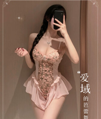 Feimu "Pure yet Alluring" Deep-V Floral-Vine Open-Crotch Strappy Bodysuit – Sexy, Seductive Lingerie (Convenient Design, No Need to Undress) ZY6428