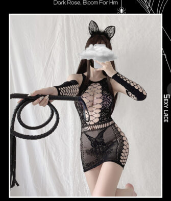 Guiruo Sexy Lingerie Set (Model 8068): Form-fitting, cut-out, hip-hugging mini-skirt uniform outfit featuring a sexy mesh bodysuit.