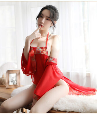 Feimu Red Mesh Traditional-Style Bridal Lingerie Set