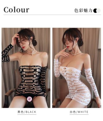 "Long Night" Sexy Plus-Size Lingerie: Jacquard Open-Crotch Cutout Bodysuit & Stockings (Style 6088)