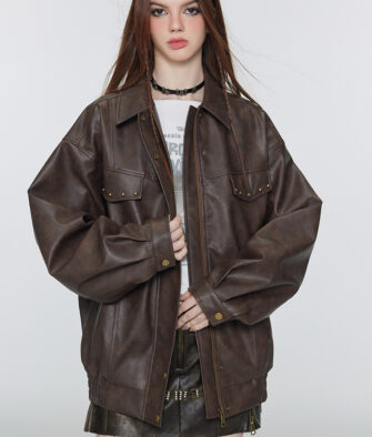 IC Maillard-style studded cropped jacket – New Autumn/Winter American vintage-style women's leather jacket.