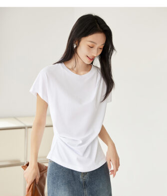 IC Women's Short-Sleeve T-Shirt – White, Asymmetric Pleated Waist, Loose Casual Summer Top