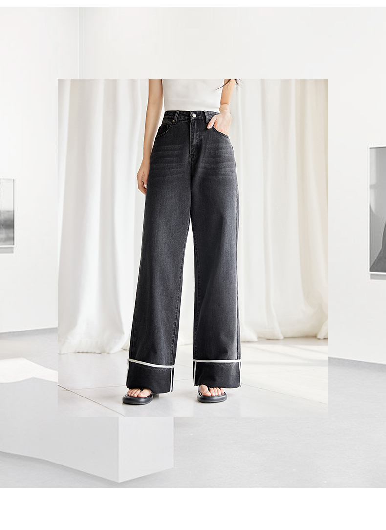 IC Minimalist Grey Straight-Leg Jeans for Women – New Commuter Style with Contrasting Cuffed Hems; Versatile & Casual - 图片 4