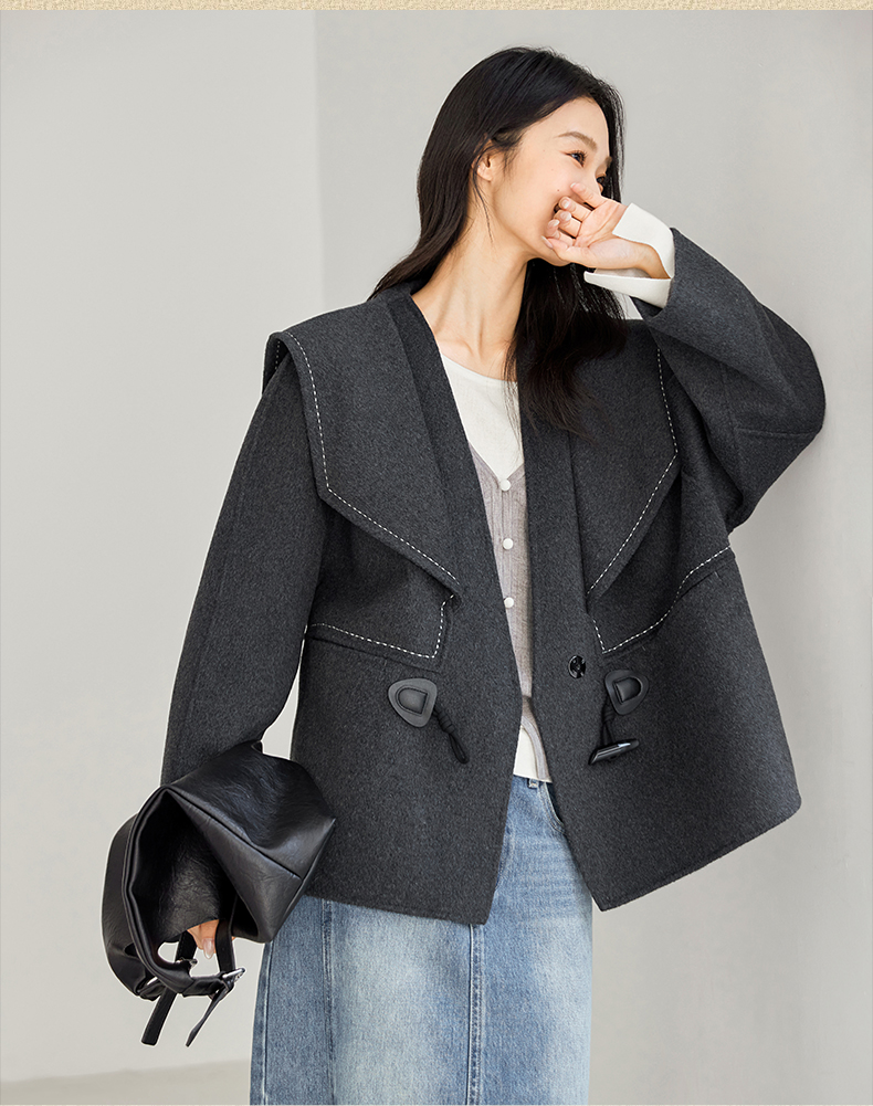 IC Women's Reversible Wool-Blend Coat – Versatile, Comfortable, and Casual; Features Contrast-Color Rice-Grain Embroidery; 2024 New Season Sophisticated Outerwear - 图片 5