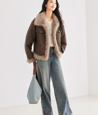IC Women's Vintage-Style Distressed Oversized Faux Fur Biker Jacket – New Winter Collection (Shearling-Style)