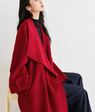 IC Women's Premium-Feel Long Double-Faced Wool Coat – Red, Autumn/Winter, Oversized Lapel, Affordable Luxury Style