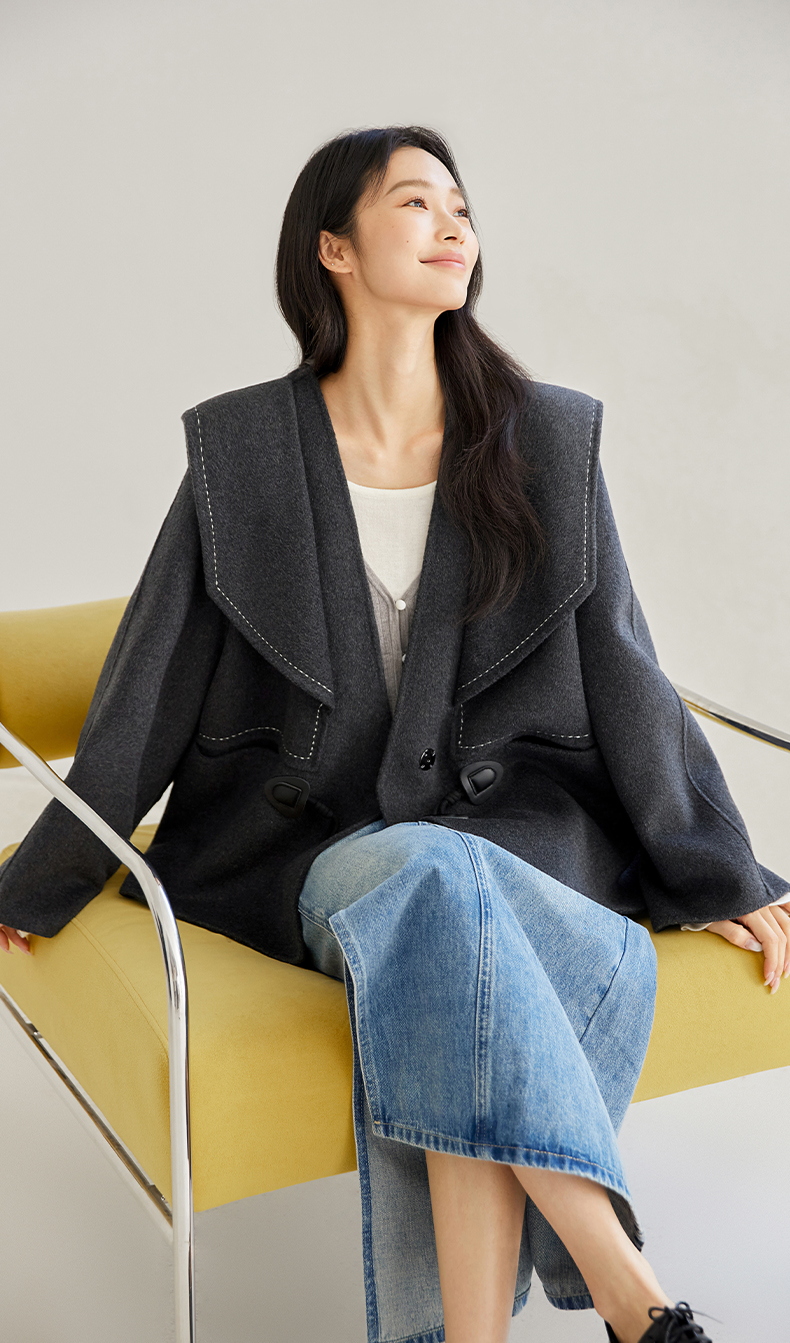 IC Women's Reversible Wool-Blend Coat – Versatile, Comfortable, and Casual; Features Contrast-Color Rice-Grain Embroidery; 2024 New Season Sophisticated Outerwear - 图片 4