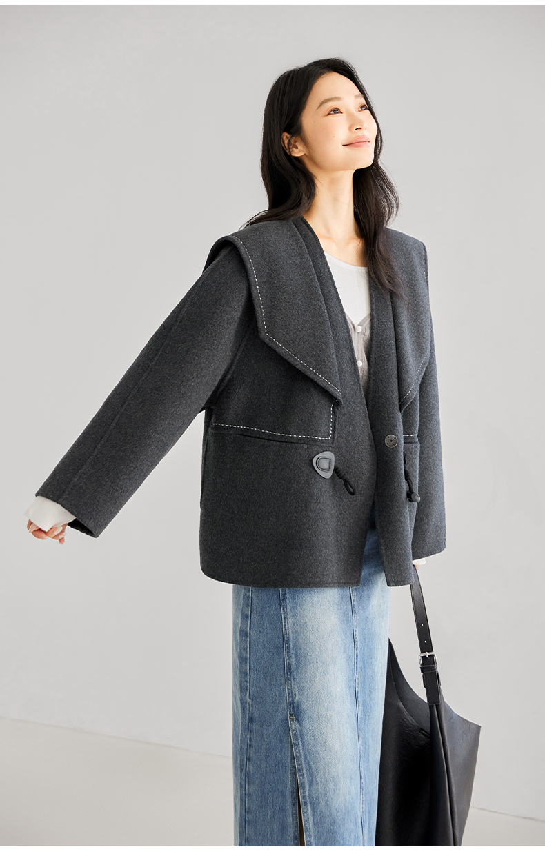 IC Women's Reversible Wool-Blend Coat – Versatile, Comfortable, and Casual; Features Contrast-Color Rice-Grain Embroidery; 2024 New Season Sophisticated Outerwear
