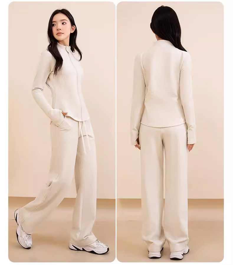 Limited-time special! Xuefanlai "LU-style" set featuring a wind-resistant stand-collar top and matching bottoms in soft cashmere-feel fabric. Designed with 3D back tailoring and a waist-defining cut to accentuate your curves, plus stylish thumbhole details. The high, curved hip-lifting seam and side-leg detailing instantly create the illusion of long, slender legs! #L - 图片 2