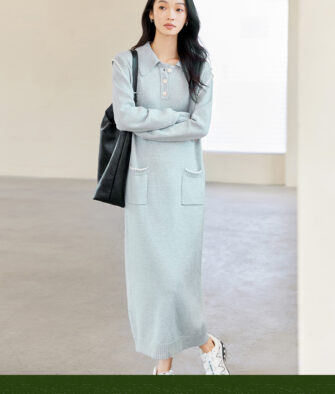 IC Women's New Autumn Knit Dress – Polo Collar with Shell Embroidery – Sophisticated & Versatile Style