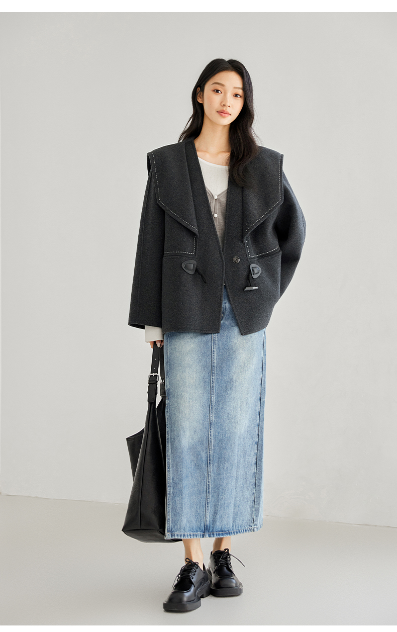IC Women's Reversible Wool-Blend Coat – Versatile, Comfortable, and Casual; Features Contrast-Color Rice-Grain Embroidery; 2024 New Season Sophisticated Outerwear - 图片 2