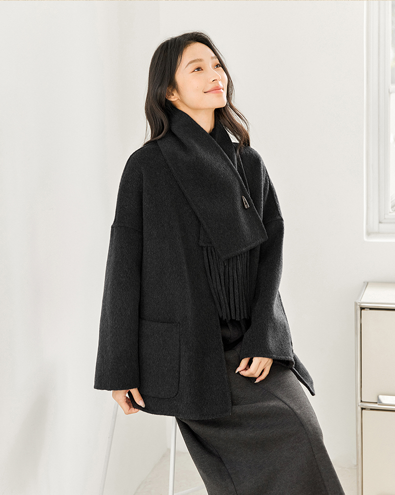 IC Women's Sophisticated Double-Faced Wool Coat (2024 New Autumn/Winter Collection) – Loose-Fit Design with Scarf Collar - 图片 2